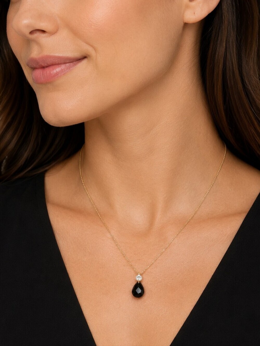 3/$30 DAINTY Black Glass Teardrop Pendant Gold Plated Chain Necklace